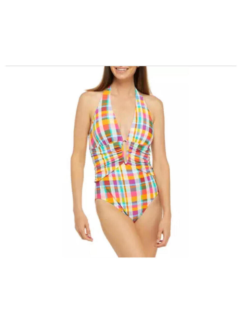 Into the bleu by amrex colorful plaid halter plunge one piece swim suit